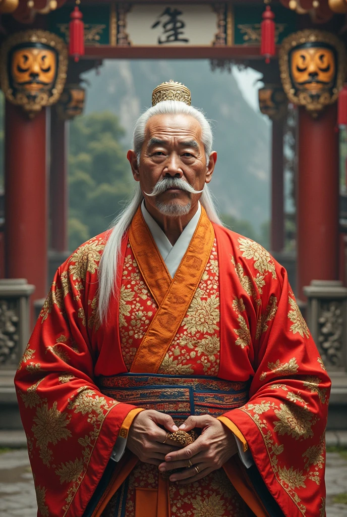 man of 50 years,Defined physical size,white hair,Chinese mustache,red and gold kimono clothing,with orange parts,on a background of a mountain temple,with several masks hanging around