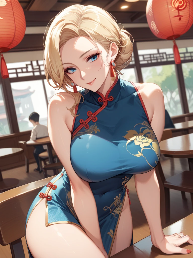 (masterpiece:1.3, highest quality, Ultra-high resolution, Super detailed), (Realistic, photoRealistic:1.4), Beautiful illustrations, Perfect lighting, Natural light, colorful, Depth of written boundary, Surrealism, View your viewers, 1 girl, , 7 heads, Perfect Face, (Perfect Anatomy), Cute and symmetrical face, Baby Face, Shiny skin, (Ideal body proportions), (Middle Hair:1.5, Side Ponytail:1.2, Blonde), Hair between the eyes, Dark blue eyes, Long Eyelashes, (Large Breasts:1.2, Captivating thighs), thin, Small Ass, thin脚, Beautiful Hair, Beautiful Face, Beautiful fine details, Beautiful clavicle, Beautiful body, Beautiful breasts, Beautiful thighs, Beautiful feet, Beautiful fingers, ((sleeveless blue mini cheongsam dress)), Blue High Heels, (Beautiful views), evening, (bar counter), (smile:1.5, happiness), No clothes, Completely naked.
