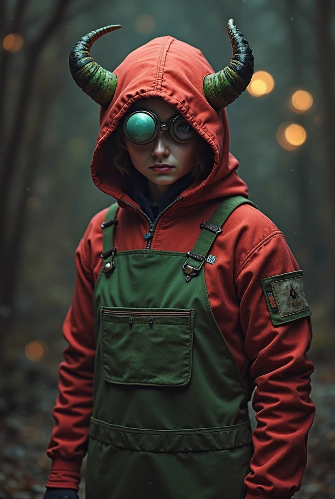 A mysterious crewmate character from the game "Among Us," dressed in a red spacesuit with distinctive green and black horns on the head. The character is adorned with a unique monocle-like accessory covering one eye, and a green apron featuring a pocket design. The crewmate is set against a dark, otherworldly background with subtle circular light elements scattered around. The atmosphere of the image is enigmatic and whimsical, capturing a quirky, yet intriguing vibe.