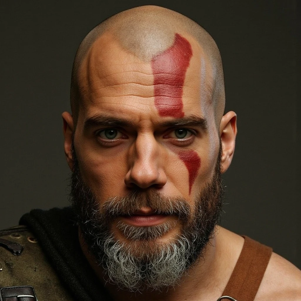 s3um4dru64 is kratos,scar,beard,realistic,bald,armor,<lora:s3um4dru64:0.8>,<lora:kratos:0.3>,<lora:ColoredSkin:0.8>,white skin,