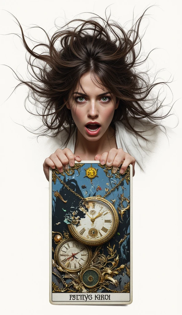 "Young woman with wild hair in the wind. COMING OFF THE EDGE OF A CARD. expression of frantic anxiety, big, fearful eyes, holding a broken watch with cracked glass, their body leaving the edge of the tarot card, the upper half emerging from the frame, ultra detailed and realistic style, mystical atmosphere, sharp focus on her, dramatic lighting, dark clouds swirling Disappearing behind".
keys :
"Frenetic and anxious expression, eyes wide open and fearful" —
"Broken watch with cracked glass" —
"Breaking the edge of the tarot card, emerges the upper half" —force the edge.