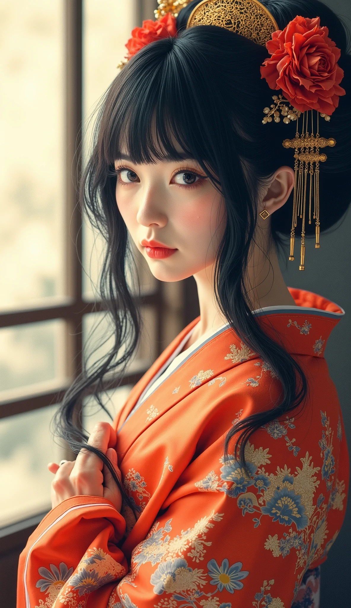 highdefinition images、Katsushika Hokusai manga(pretty eyes、Look at every detail、multi colored hair)、 kimono that looks like a yukata 、Woman looking out of a window、葛飾北斎スタイルで火のように見える highdefinition images、Kimono beauty、顔のdetails、highest quality ukiyo-e、details、high resolution image beauty。