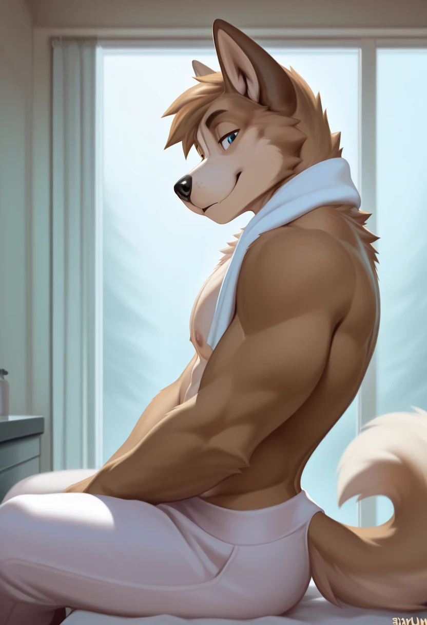Solo, female, big breasts, canine, white fur, orange eyes, orange hair, glasses, brown arms, muscular, By bebebebebe, by buta99, by chunie, by sonsasu, by danza, t-shirt with korn logo, without panties, (:1.1, wet)  sitting , moaning, half closed eyes, breast grab, looking away of viewer bathroom