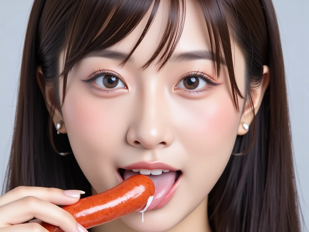 realistic, photo-realistic, masterpiece, best quality, intricate details, extremely detailed, cinematic lighting, solo, 1girl, a yo Japanese female, (sucking a thick sausage, eating a huge sausage in hand, shovel a long sausage into mouth, blowjob, deepthroat:1.4), dark hair, bangs, ponytail, hair ornament, hair scrunchie, cute face, extremely detailed face, beautiful detailed eyes, sophisticated nose, pale skin, fine-textured skin, sweaty, shiny skin, photo background, indoors, home,