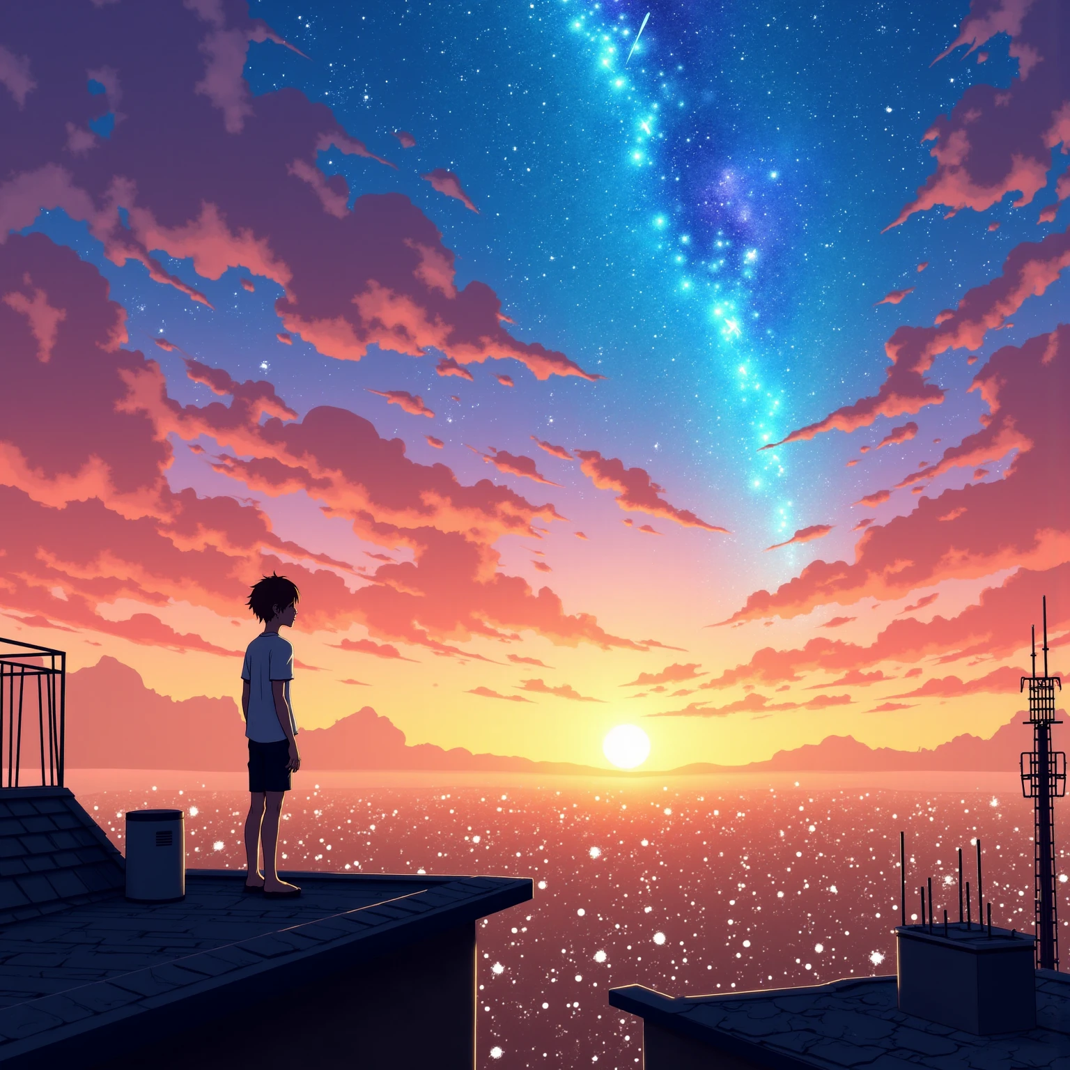 A breathtaking and emotionally charged scene set at twilight, capturing a lone figure standing on a rooftop overlooking a sprawling city bathed in the golden hues of sunset. The figure, likely a young person, stands quietly with their back turned to the viewer, gazing into a sky alive with motion, light, and color. The skyline stretches far into the distance, painted in warm tones of orange, amber, and rose, with the outlines of buildings fading into the hazy light of the setting sun. Rooftops, antennae, and city lights begin to glow, signaling the transition from day to night.

Above, the sky is an explosion of color and movement, filled with streaks of cosmic energy, meteor trails, and swirling clouds. Shades of magenta, turquoise, indigo, and electric blue blend together like a living canvas, reflecting the intensity of a dream or memory. Shooting stars blaze across the heavens in elegant arcs, leaving brilliant trails of light in their wake. The clouds are painted with surreal color gradients, adding layers of texture and motion that feel both ethereal and overwhelming.

The atmosphere is electric, filled with wonder, anticipation, and a quiet melancholy. Despite the brilliance of the sky, the city below remains grounded and serene, a reminder of the everyday world beneath the cosmic spectacle. The contrast between the grounded rooftop and the infinite sky creates a powerful emotional duality—hope, longing, nostalgia, and awe all at once.

The lighting in the scene is dynamic, with the final rays of sunlight casting long shadows, while the first hints of starlight shimmer in the upper atmosphere. The composition leads the eye from the grounded human figure upward into the limitless sky, emphasizing scale and emotion. The vibrant palette and fluid motion of the clouds evoke the feeling of time passing, memories fading, or something extraordinary about to begin.

The art style is a fusion of anime-inspired fantasy and expressionist color, highly detailed yet paint