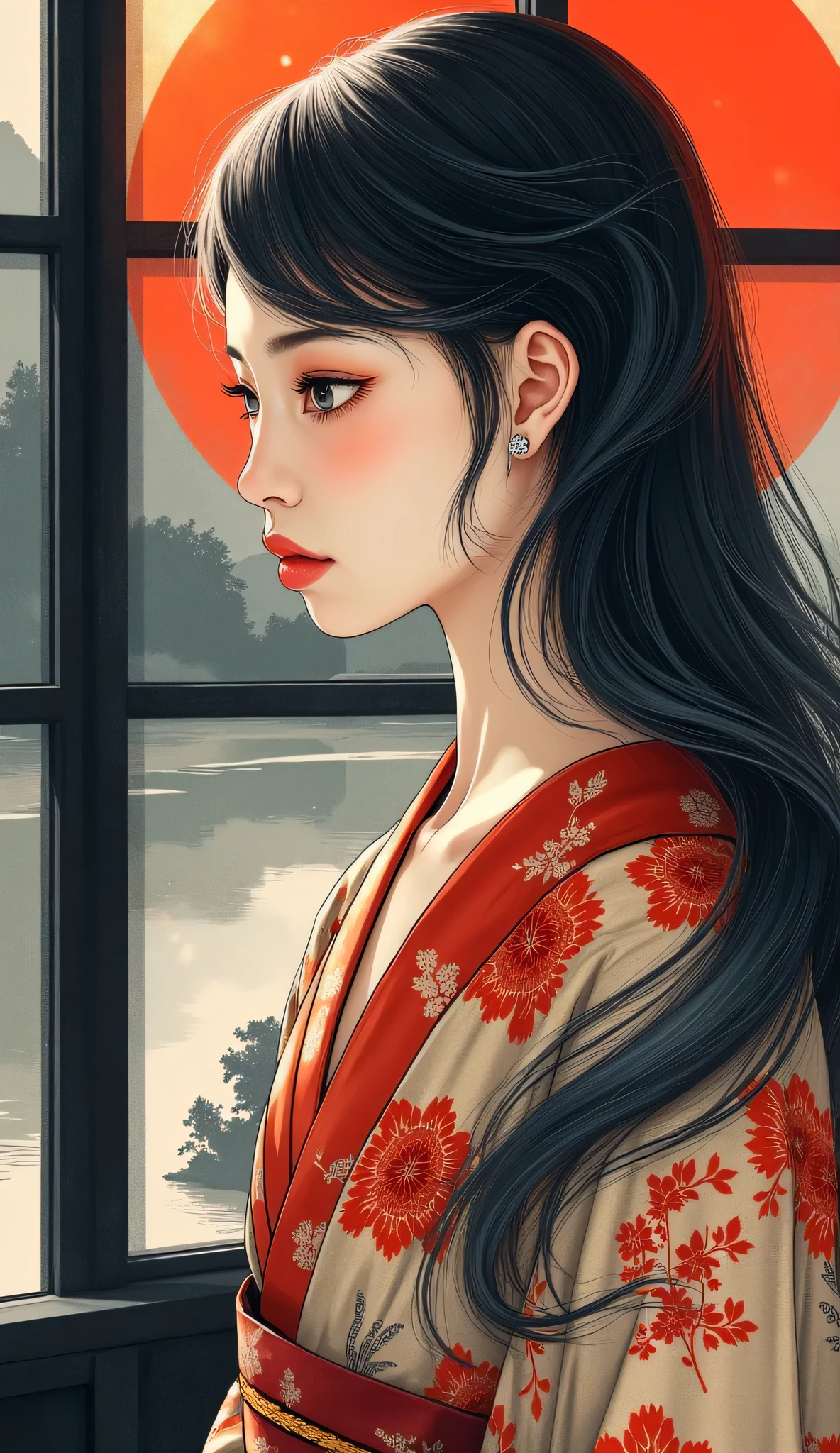 highdefinition images、Katsushika Hokusai manga(pretty eyes、Look at every detail、multi-colored hair below the arm)、 kimono that looks like a yukata 、Woman looking out of a window、葛飾北斎スタイルで火のように見える highdefinition images、Kimono beauty、顔のdetails、highest quality ukiyo-e、details、high resolution image beauty。