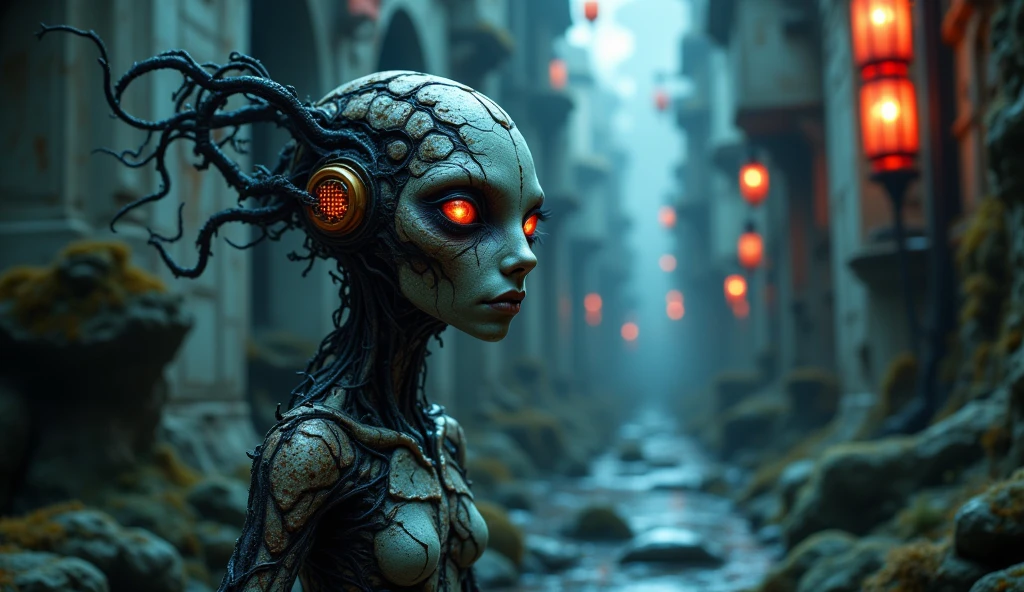 insolent puny Deep copper famous cinema star of world of Silent Hill,germany space port,A charming and fascinating glows from the inside with other worldly forms that blend the best aspects of the monster human form and the innocent charm of a precocious , once pretty,old medieval , (best quality: 1.4), (masterpiece: 1.2), detailed, complex,classic medieval wear, high resolution, iridescent colors, texture, complex, gorgeous, highly detailed, (Professional photography, extremely detailed corroed ,Tim Burton, Dale Chihuly, extremely detailed, high detailed eyes,16k resolution,RAW,retina, Nikon Z9,Nicola Samori, Sergey Zabelin,Aerith Gainsborough,foggy fairy's village, horror movie, cinematic look, creepy aesthetic, ultra detailed, photorealistic, masterpiece, translucent to pale transparent skin , featuring like organic textures, scaly epidermis, uncanny compound eyes , dewy skin glistening with moisture, bulky forms looming in a sterile laboratory setting, silky-smooth eyes glaring with an unsettling gaze,fracture 