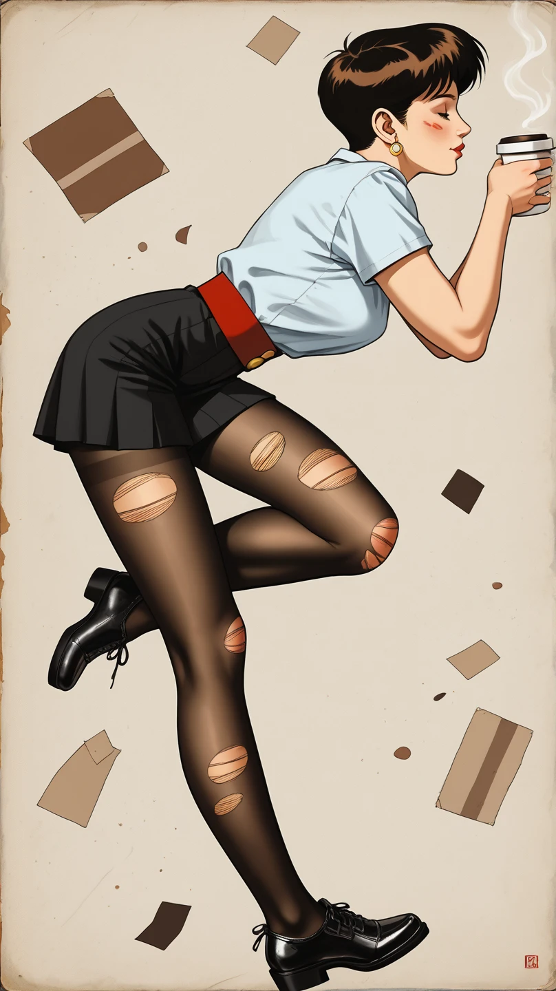 secretaria sexy con estilo pop art, plano entero, La protagonista es Lola, a flawless looking woman with brown hair, expressive brown-lined eyes and intense red lips. Viste un uniforme de secretaria con una falda ajustada y corta de color rojo y una camisa escotada y con botones desabrochados con elementos modernos, utilizando colores vibrantes como el rojo, blanco y negro. Lleva medias negras, un collar de perlas. Usa anteojos formulados de color negro que le dan un toque intelectual y sofisticado a su look. El fondo es blanco y contrasta con los colores vibrantes de Lola y su vestuario,An expression of shame on his face, confusion, Desperation on the face, crying, Knees clenched together, Tense posture, bites his lower lip, anatomically correct, Realistic, side-view,barefoot, 5 toes, black toe nails, Focus full body, tied ankles together, tied arms,