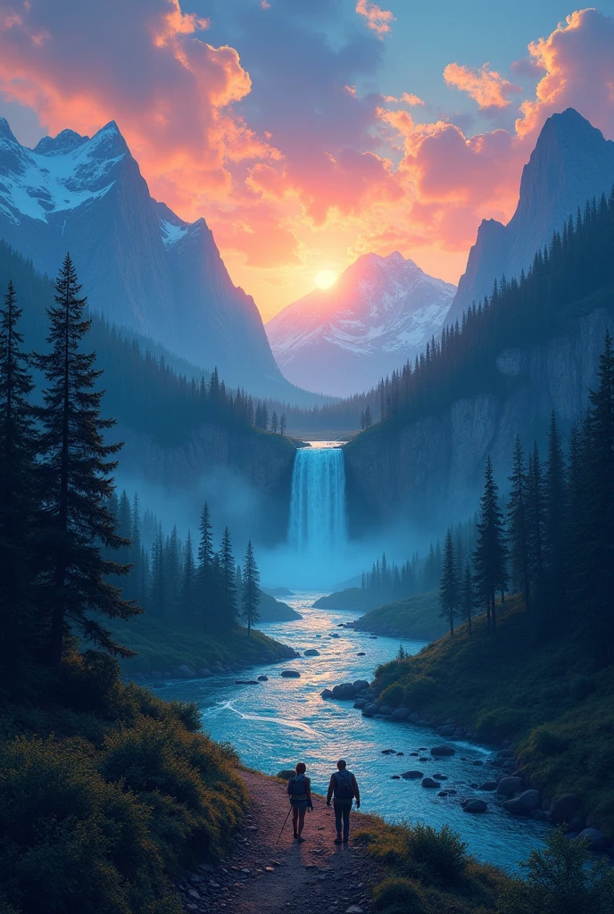 A Journey into the Unknown

Setting: Describe a breathtaking landscape filled with majestic mountains, lush forests, and a shimmering river reflecting the colorful twilight sky.

Characters: Introduce a trio of adventurers with distinct personalities; one is the cautious planner, another is the enthusiastic dreamer, and the third is the knowledgeable guide.

Conflict: As they trek along a winding path towards the distant waterfall, they discover signs of an ancient civilization. Intriguing symbols lead them to question their purpose and the dangers lurking in the wilderness.

Theme: Explore themes of friendship, the quest for knowledge, and the balance between adventure and the safety of familiar comforts.

Goal: Have the characters confront their fears and bond over their shared journey, ultimately leading to a moment of revelation by the waterfall as they witness something extraordinary. should horizontal 