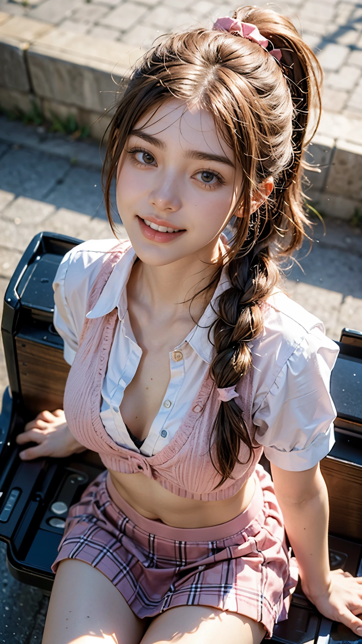 Highest quality, masterpiece, Ultra-high resolution,8k, (Realistic:1.6), (Sunny outdoor portrait:1.4) RAW Photos,((Uniqlo bra top and pleated mini skirt)),((Nipples seem to be visible)),((Full body photo)),1 person,Omotesando,A slender adult 26-year-old woman,((A big smile showing all my teeth )) ,((Braided blonde twin tails)),((Looking up at the audience)),Face Focus:1.4,((Shooting from above with a fisheye lens:1.4)),