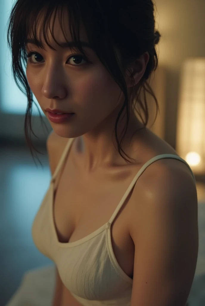 32K quality、Raw photo、highest quality、masterpiece:1.2)、super detailed、Japan's most beautiful women in their 40s、Obscene big、Super clear and beautiful skin、Obscene super breasts、Body type like a gravure idol、bell shaped chest、slightly drooping chest、highly detailed face(double eyelid)、perfect cinematic lighting、knit sleeveless dress、wavy long hair、K cup breasts、beautiful breasts、obscene armpits、full body photo