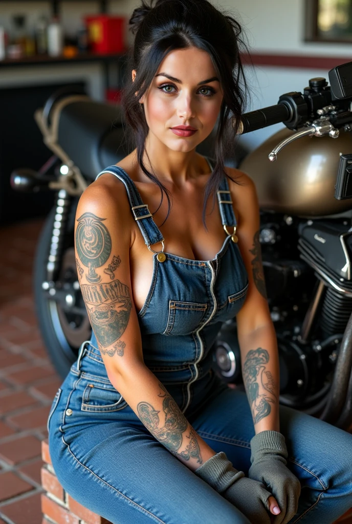 ((best quality)), ((masterpiece)), (detailed), mesmerizing and alluring female mechanic covered in grease,Confident smile，Look into the camera，(Dirty and rugged body:1.2), (tough and confident demeanor:1.1), (mechanical expertise:1.3), disheveled hair, smudged face with a playful smirk, (zippered workpack coveralls:1.3) loose from her bare body, exposed breast, (gritty tools of the trade:1.2), cluttered repair shop, scattered car parts, (authentic automotive ambiance:1.2), (inocent gaze:1.1), gripping a wrench in her dirty hands, 8k resolution,looking at another, looking away,( tattoo:1.2), masterpiece, best quality,Photorealistic, ultra-high resolution, photographic light