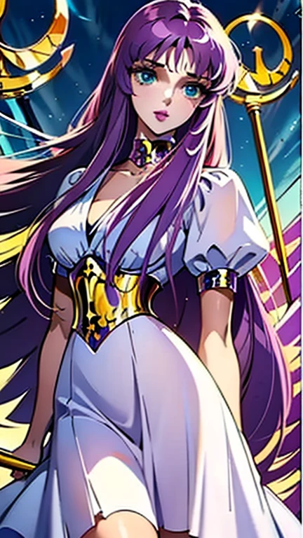 Masterpiece, best quality, 8k, ultra detailed, !(Sasha Atena levitating in the air and holding his staff , beautiful woman goddess, long, straight purple hair, !(light green eyes), perfect body, big breast. Her clothing consists of: A white dress with golden details, which symbolizes her purity and divinity. The dress has a long, pleated skirt, which gives it an elegant and majestic look. The neckline is round and modest, and the sleeves are short and puffy. (The dress also has a golden belt with a flower-shaped buckle, which holds a red cloth hanging from behind). A golden necklace with a heart-shaped pendant, expressing her love for her warriors and her friends. A pair of golden star-shaped earrings, which reflect your light and your hope, great power and an aura emerges from her body and waves her hair and her dress vigorously, Behind it you can see a sanctuary with Greek ruins )