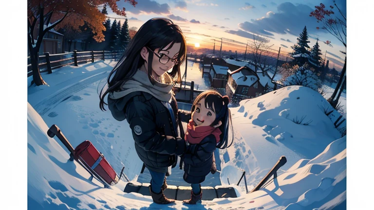 masterpiece，top quality，  high image quality，( super flat ， flat shading   )，Glasses， beautiful dark hair，  fisheye lens，A cute raised pig is a petite young mother and her cute little daughter:1.25，  warm scarf ， Down Jacket，(naked)，  long hair，   boots，smile, smile，   White Breath，fun, play，Overlooking the city in autumn from the park garden， autumn leaves，Snow Scene，Autumn sky，At dusk，Beautiful sunset ，Wide angle，  bright color，watercolor,   Ghibli style，Strong winds，Girl Temptation，  girl  &#39;Lure，
