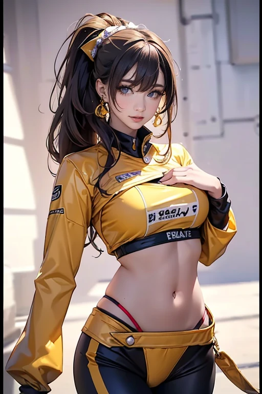 (Original Character、Unity 16K Wallpaper, Maste Piece, Best Quality, Ultra-detailed, extremely details CG, Caustics, Cinematic lighting, Detailed, Beautiful detailed eyes, Solo), Fine skin, (track and field:1.2) 、(strong lights)、Oily skin,Smile , front from:1.2、(Sexy Women)、arena、Full body shot、Separate、Racing Bloomers、show off belly,show off neck,Clear Day、(Constriction、brown-eyed、blush on、)、(Oiled skin, shining skin、high gloss skin、Professional lighting)