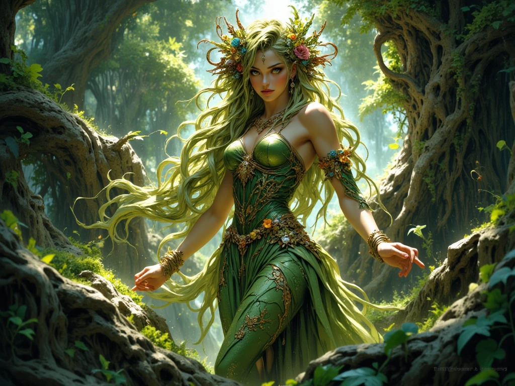 female cute elf, (anatomical biometrical hands), in a jungle, two braid hair, wearing elf dress, cute face, full body, looking back (hyper detailed eyes, hyper detailed face), 16k, 8k, RAW photo, best quality, masterpiece, high detail RAW color photo, dramatic lighting, cinematic lighting, back light, professional lighting