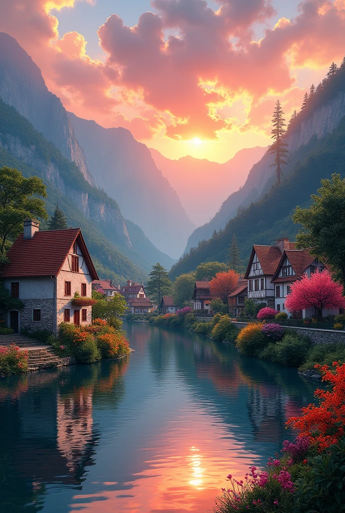 A small village by the river, mountains in the background, colorful flowers, detailed landscape style, beautiful natural scenery, atmospheric lighting,  scorching sunset ,  warm colors, practical, photographic, detailed foliage, complex buildings , cobblestone street, charming country house, vibrant colors, lush vegetation, reflections in the water, pitoresco, idyllic, work of art, Best Quality, 8k, extremely detailed, anime style