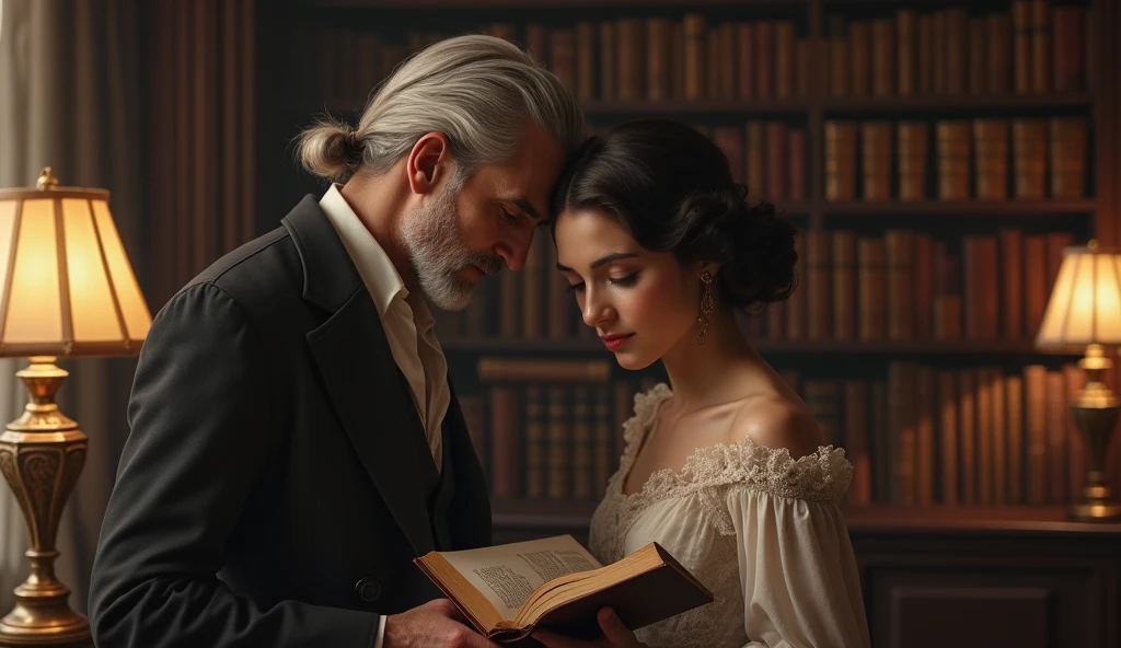 "In a quiet antique library, the older man leans over the shoulder of the young woman as she reads, his fingers lightly grazing her back while her eyes glance up at him with subtle affection."