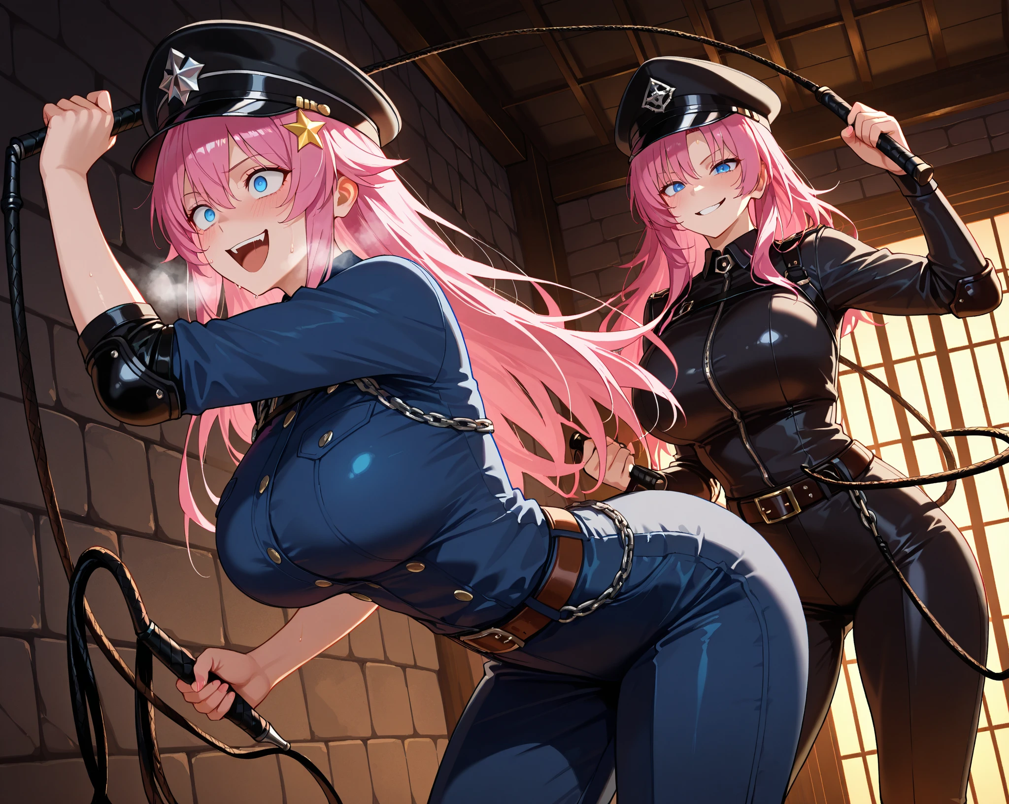 ((ultimate quality)), ((masterpiece)), (epic detail), 4K, epic quality, epic complexation, epic composition, epic proportions, even face, even figure, perfect body, locked bitchsuit, golden locks, jail cell, red cheeks, rosey cheeks, blushing, crying, shocked expression, eyes crying, locked in suit