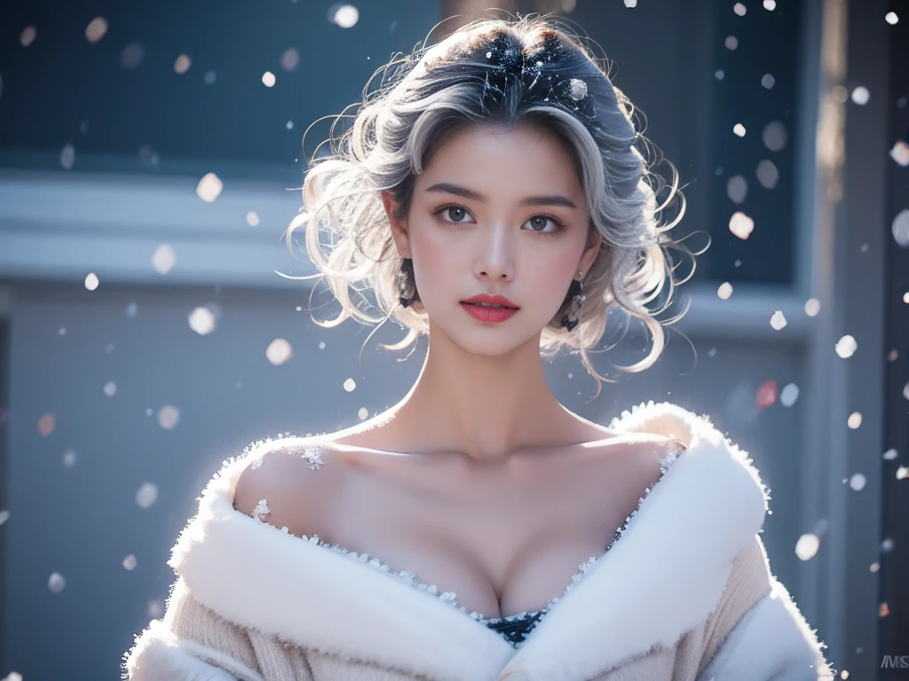    A Girl,(snow,[[[ice), snow花, winter, white hair,    Shiny Hair   , curls,    Clear Clothes  , short hair, lace, wet clothes, Leave   _Shoulder, hair tie, masterpiece, Long focal lens   , absurd,    Exquisite five-pointed     ,The Most Beautiful  in Art,Flat ,