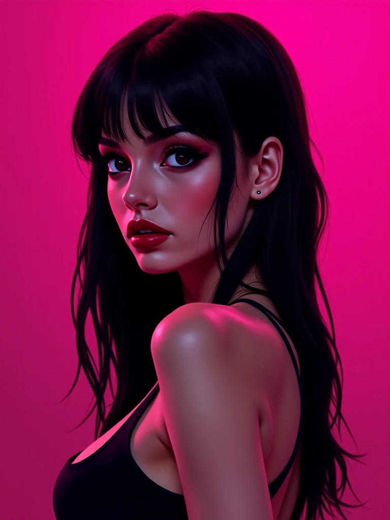 Tumblr drawing. A woman with long black hair, pale skin, black eyes, thin natural red lips and sleeveless black dress. Posing sideways and flirtatious look. Shiny fuchsia background.