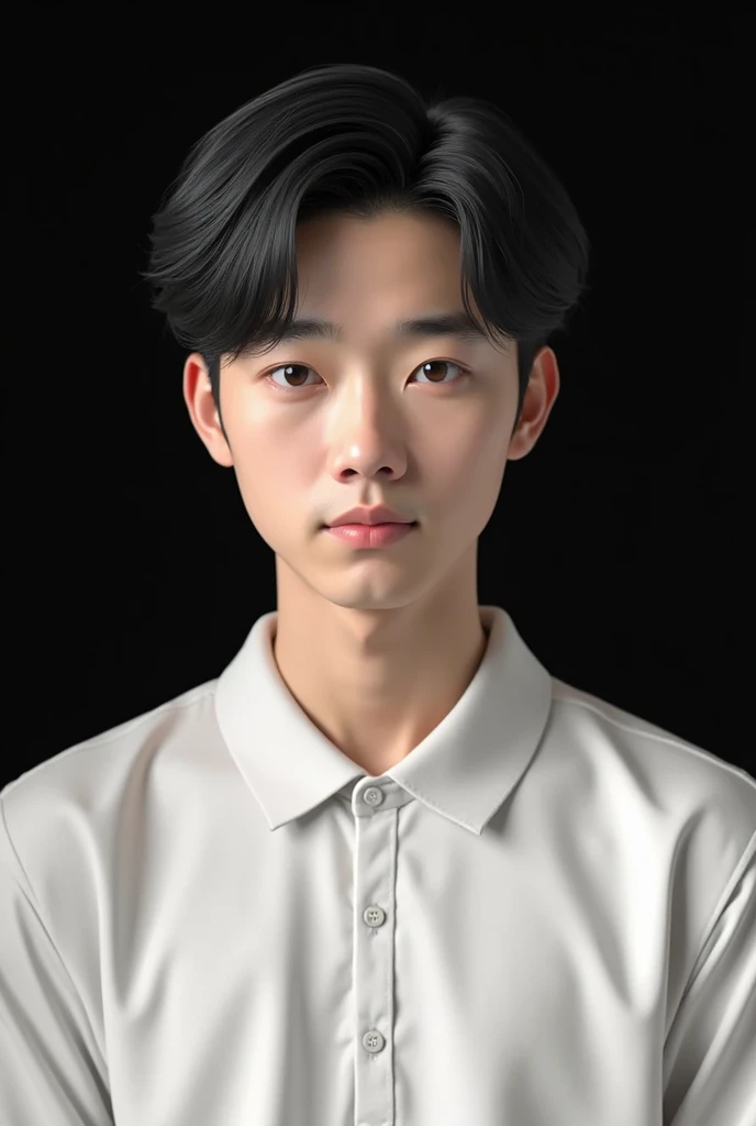 A realistic 3D profile picture of a korean handsome boy he's hair is black and he's wearing a white polo shirt the background is black. Facing in front and close up.