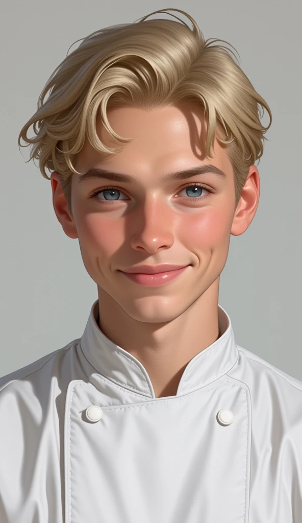 Peter Stephans, com 28 anos, has short blonde hair, olhos azuis, pele clara, e chef uniform jacket, with a friendly smile.