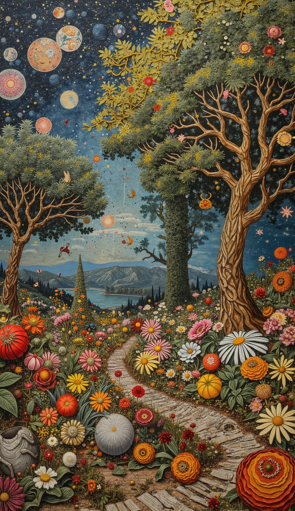 Large collage of (((The Garden of Earthly Delights by Bosco))) made with newspapers, the trees are made of threads, the skies of fabrics, details of enameled metal advertising signs, collage, scraping, detailed, chaotic, insane