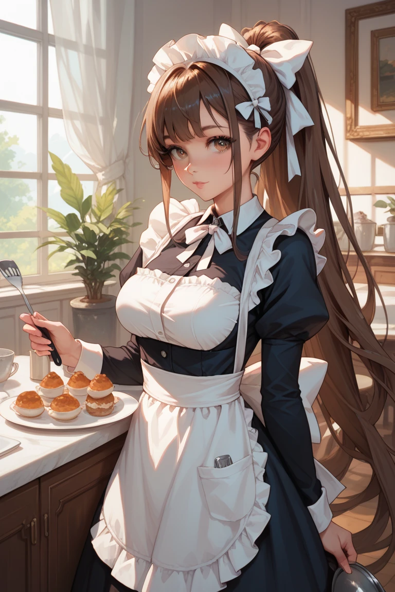 "An ultra-detailed, best quality masterpiece featuring a maid with long hair, large breasts, an ahoge and wearing an apron. The scene includes milk and mayonnaise, giving the artwork a unique and sensual touch."