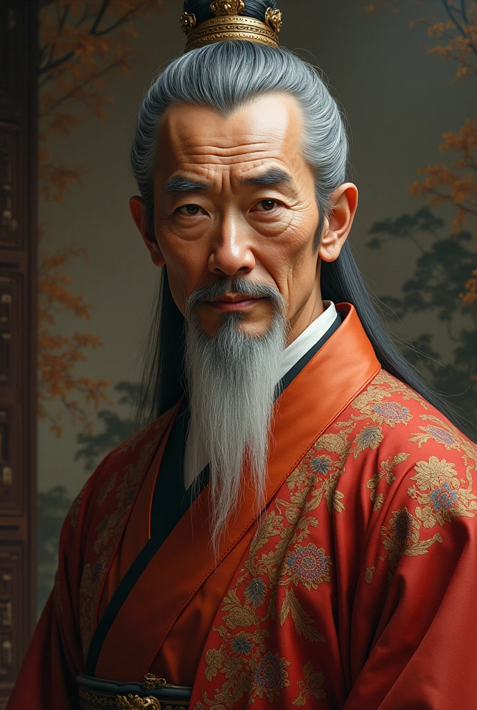 Give me an image of a rich, ancient-dressed Asian man who talks very well and makes everyone around him love him.size 9:16