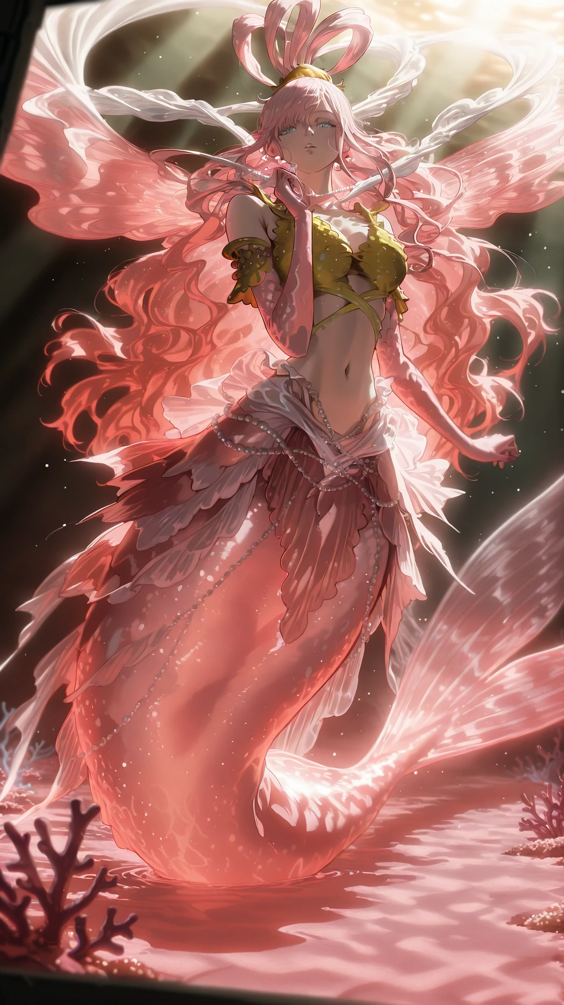 A hyper-realistic, full-body depiction of Shirahoshi, the colossal mermaid princess from One Piece, gracefully poised in the foreground of an enchanting underwater realm. Her flowing pink hair cascades around her, adorned with intricate pearl and coral ornaments that shimmer with the ambient ocean light. Her translucent, iridescent tail exhibits subtle bioluminescent patterns, casting a gentle glow on the surrounding coral formations. Her large, expressive eyes convey a blend of innocence and regal authority. Behind her, a squad of formidable merman bodyguards stands in disciplined formation, each exhibiting unique features reminiscent of various marine species, clad in intricately designed armor that reflects their noble status. The environment teems with vibrant marine life: schools of fish weaving through expansive coral structures, and beams of sunlight penetrating the water's surface, creating a mesmerizing dance of light and shadow. Tiny bubbles ascend, and suspended particles catch the light, enhancing the immersive realism of the scene. Emulate the use of a Hasselblad H6D-100c medium format camera with a 100mm f/2.2 lens, capturing the scene with exceptional detail and dynamic range. Utilize natural, diffused lighting filtered through the water to accentuate textures and create depth. Compose the image with a low-angle perspective to emphasize Shirahoshi's towering stature, applying the rule of thirds to balance the composition harmoniously. --ar 16:9 --v 6 --style raw --stylize 250 --quality 2