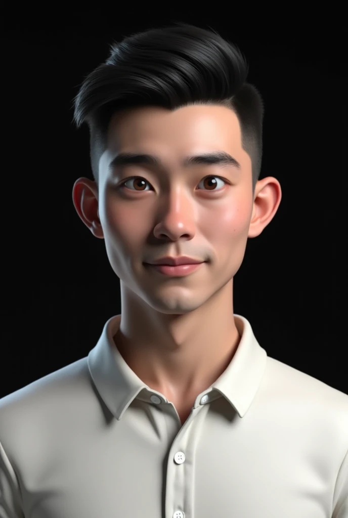 A realistic 3D profile picture of a american handsome boy he's hair is black and he's wearing a white polo shirt the background is black. Facing in front and close up.