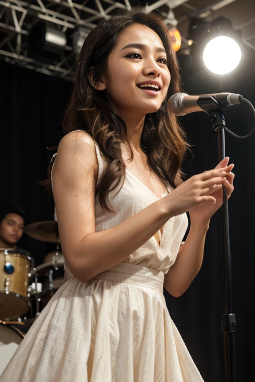 Japanese female, (underweight), (flat chest best quality:1.5), 30 years old, (cheerful grin:1.1),
jazz bar, jazz singer, standing, wavy hair, (dress), singing, with a microphone, Japanese, full body shot, (low angle shot), soft lighting, (spot lighting:1.4)