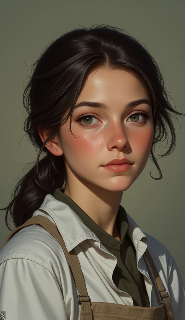 Lucia Silverton, de 50 anos,  dark brown hair tied in a ponytail , green eyes, Light brown skin, wears simple cook clothes and has a serene expression.