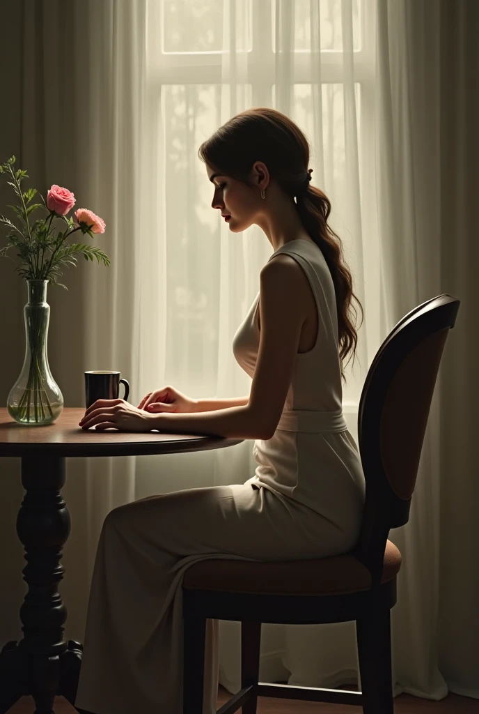 Instead of a man place a woman seated around a round table 