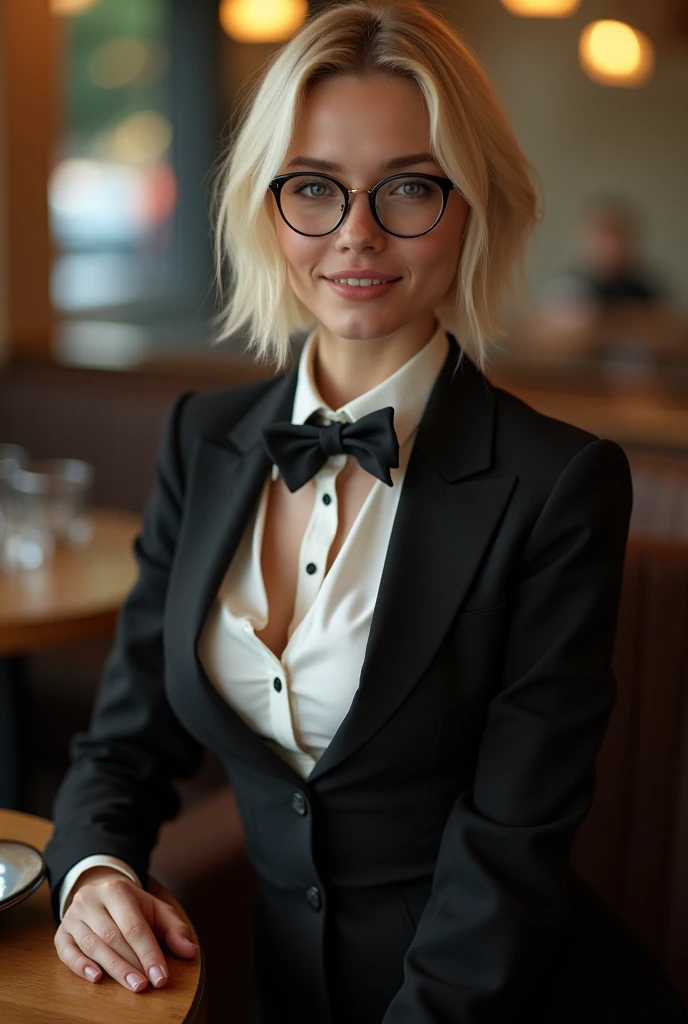 ((masterpiece, better)), (1 girl), (mature woman), light pink hair, seduction with open chest, camping, (Office lady), hits, big breasts, lady glasses, (full), delgado, smile, [Wide hips], Office, standing, understood  (blue file), 8k image quality, sexy seduction, (Suit with open chest)