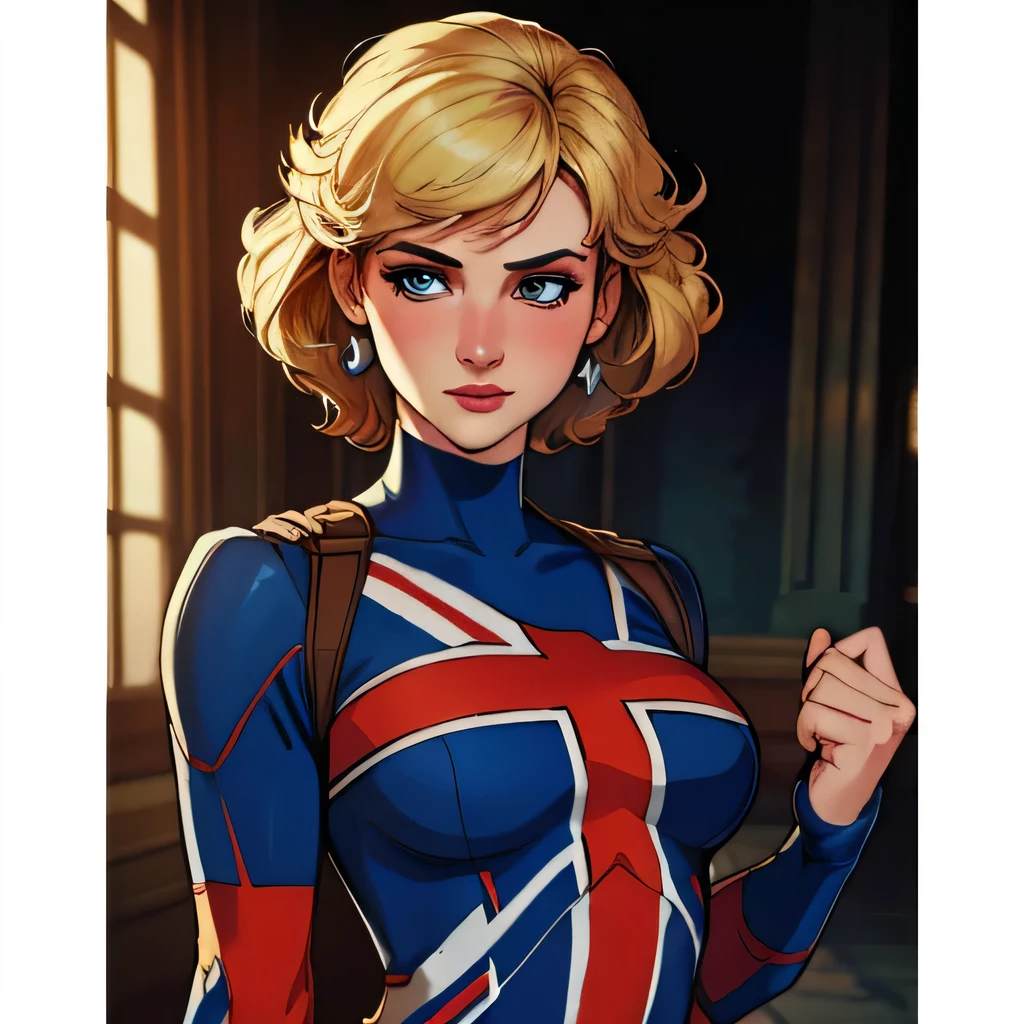 (masterpiece:1.3), (8K, Realistic, RAW Photos, Highest quality: 1.4), (One Girl), Beautiful Face, (Realistic Face), Beautiful Hairstyles, Realistic eyes, Beautiful details, (Realistic Skin), Beautiful Skin, Absurd, charm, Ultra-high resolution, Ultra-realistic, Very detailed, Golden Ratio, (Best Shadow), Cinematic, (Complex:1.4), High Contrast, Side lighting, ((Princess Diana)), ((full body)), Fighting pause, ((Accurate hands and fingers)), ((captain Britain)), Caucasian female, (Blonde Hair, short hair:1.3), (she have UnionJack costume), (UnionJack round shieldを構える), BREAK ((全身を写す))