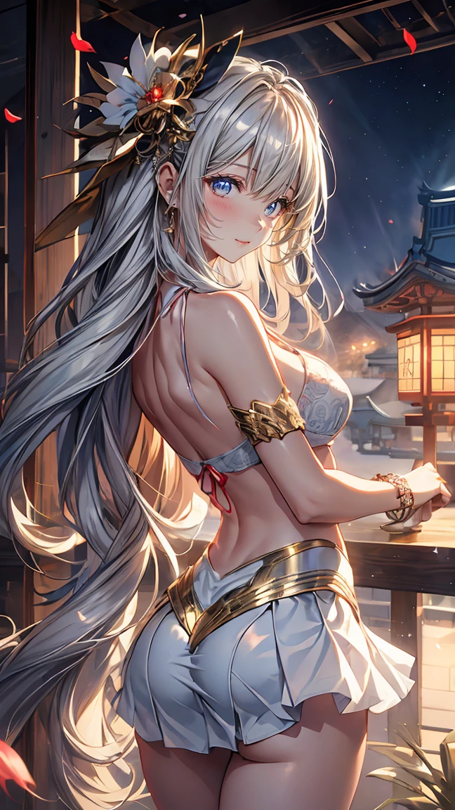 Dark-skinned adult woman with long straight hair, huge breasts，gold ruby head chain，Squinting eyes，Bare shoulders，Bracelet，short sleeve shirt，，OL skirt，City
