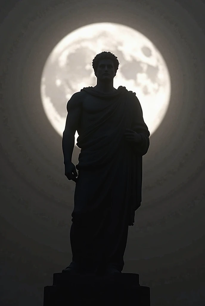 stoic greek statue, standing, fully body, with well defined muscles, contemplating the horizon of a mountain on a moonlit night. ultra realistic 4k image