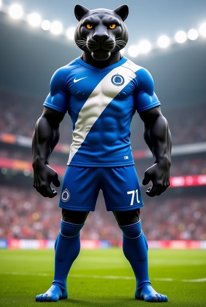 A mascot for the Brazilian football team represented by a strong and imposing realistic Rottweiler in a black and gold uniform holding a football. 
