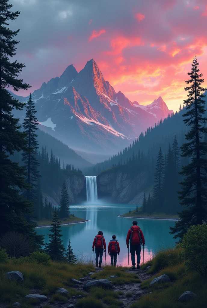 A realistic digital painting showing three hikers walking along a mountain forest hill at twilight . The background features a dramatic sky transitioning from deep turquoise to warm magenta and soft gold in middle, with the some red hues slightly muted. grass-capped mountains rise in the distance, a gentle waterfall cascades into a calm lake, and the landscape is framed with minimal greenery and no prominent foreground trees. The scene conveys peaceful adventure and natural beauty under a colorful evening sky.