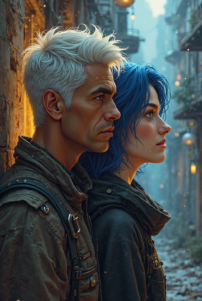 Create a digital illustration with a cinematic and atmospheric style, Where a man (Victor Emanuel) and a mysterious and elegant figure (Noah Valez) are side by side in a post-apocalyptic setting with touches of romanticism and hope. Victor Emanuel is brown, tem 1,69 m tall and has white hair, with a specific expression and wearing casual clothes that reflect your overcoming journey. Noah Valez is white, mede 1,75 m high, has blue hair and displays an enigmatic air with modern features and an aura of wisdom. The mix of scenery in the background ruined urban elements with touches of nature Renaissance, illuminated by a soft twilight light. The color palette should include warm, earthy tones, contrasting with subtle sparkles that highlight the faces and symbolize the emotional connection between them. . Details such as a symbolic mural with engraved badges and a map of the trajectory of achievements may be present in the background, reinforcing the narrative of overcoming and union.