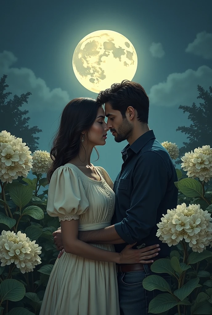 In a serene moonlit setting, two figures stand amongst blooming hydrangeas under a luminous full moon. Their clothing is classic and understated, with the woman wearing a cream-colored dress with puffed sleeves and the man dressed in a dark button-up shirt. The atmosphere is romantic and tranquil, enhanced by the soft, dim lighting of the night sky. The backdrop of lush foliage and moonlit ambiance evokes a sense of quiet intimacy and connection. The cover of the book reads "Mirada color Capuchino" with the subtitle "Un amor en contraste," hinting at a love story centered around contrasts.