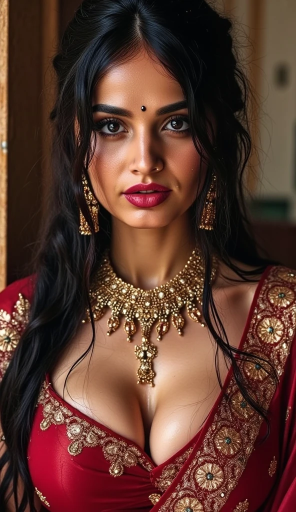 perfect pink eyes, fantastic face, Indian, beautiful look, ((red lips, bright eyes, curve heir 1.5)), ((beautiful details very big breast )), (Straight round and ultra huge clevage, not sagging breast), A glorious gorgeous, glorious gorgeous face, pretty face, bright eyes, detailed elegant printed red saree, updo elegant hair, blurred gray tones background, ultra focus, face ilumined, face detailed, 8k resolution, painted, dry brush, brush strokes, razumov style and garmash style, by Tokaito, ((Full Open ))
