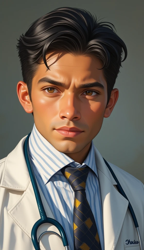 Giovani Vargas, de 45 anos,  has short black hair, brown eyes, Light brown skin, formally dresses like a doctor and is friendly, with a concerned look.