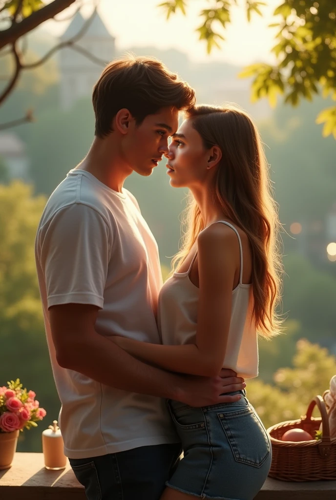 AI generated Romantic couple in love hugging and kissing on a background of flowers. Vector illustration, Young couple in love on valentine's day illustration, AI Generated Free Photo