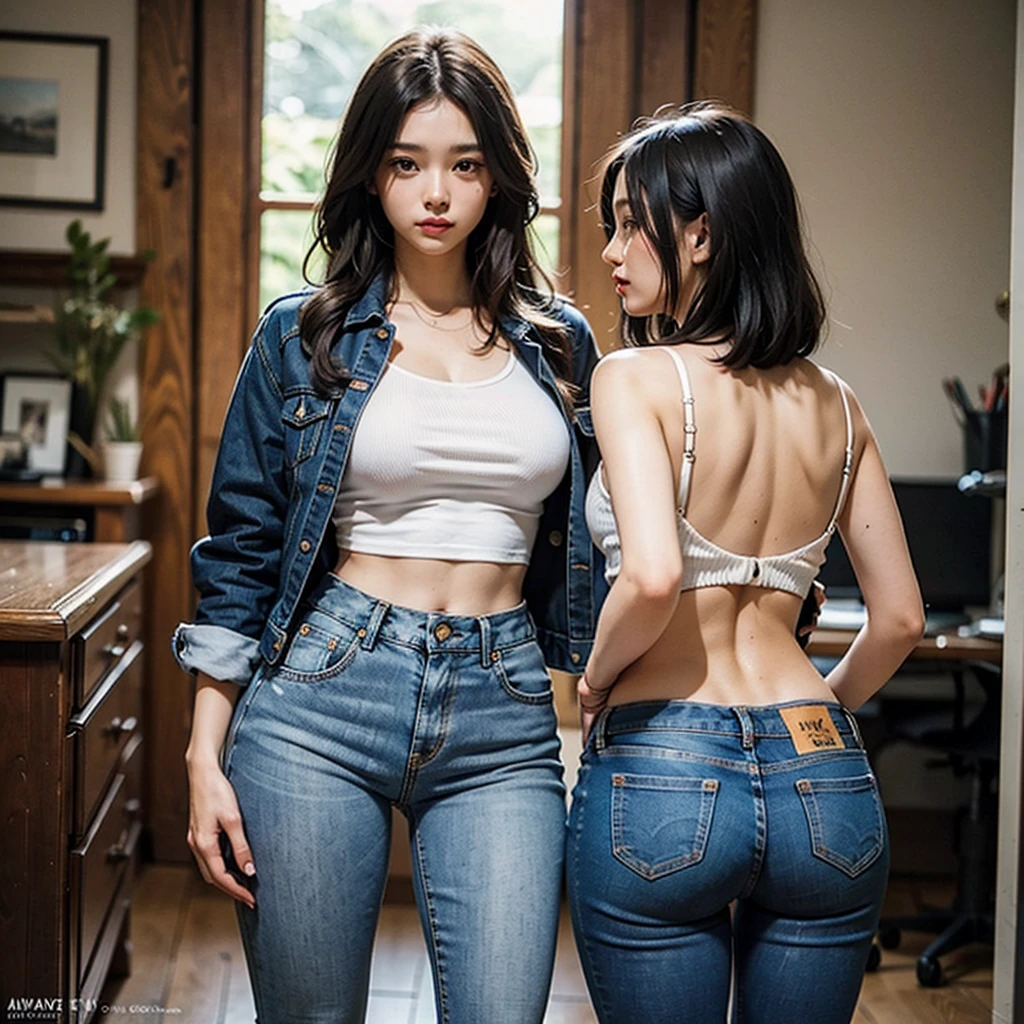 Garota, Jovem, 20 anos, Cabelos loiros, Sozinha, Ultra tight jeans, Molhada, Blusinha branca e curta, Bunda gigante, seios , without bra, Sem Calcinha, De 4 para o expectador, Mijando