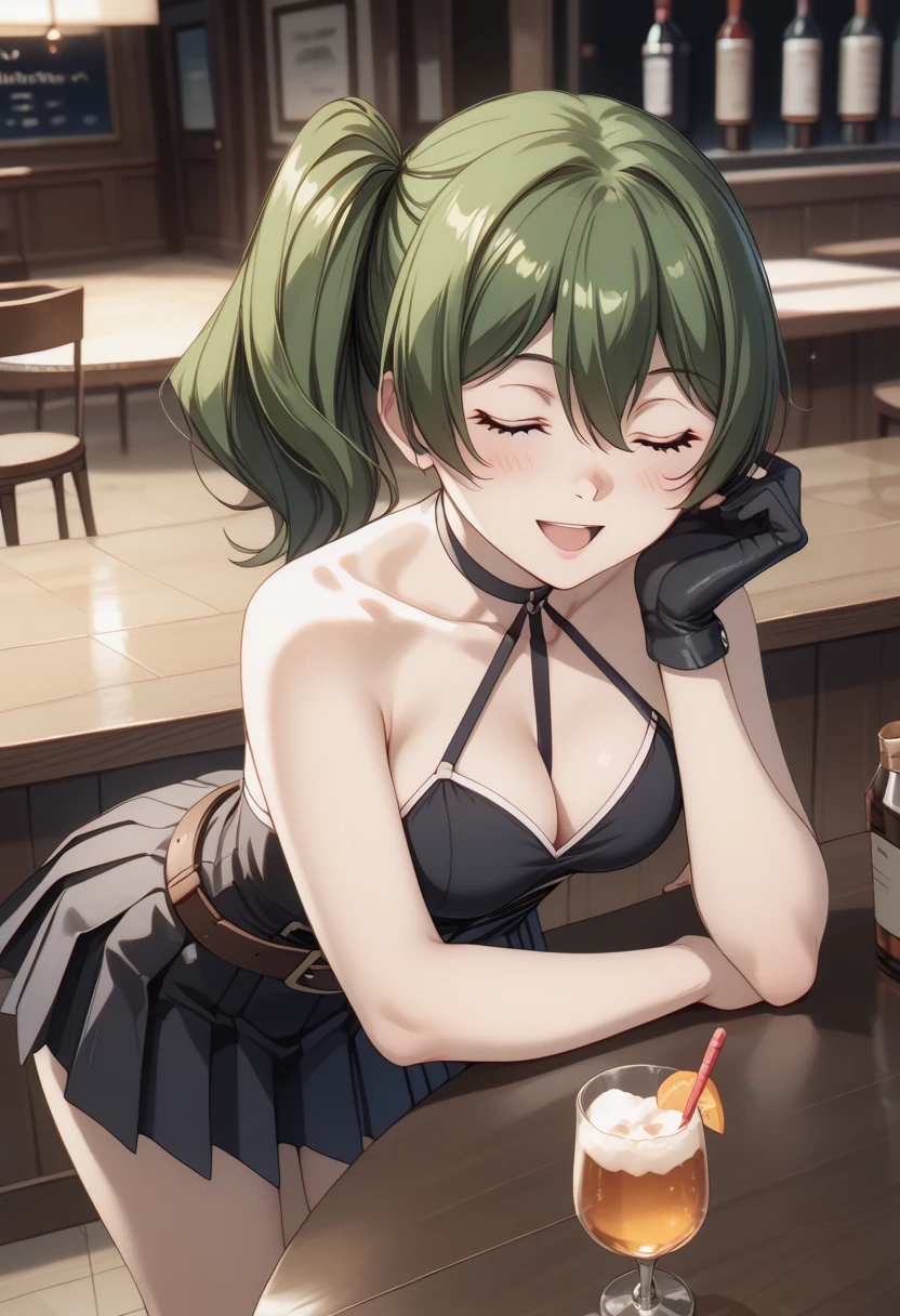 (masterpiece, best quality), (high resolution,weak outline),(textile shading), BREAK (1girl, Ubel), BREAK (breast cleavage, beautifuly shaped breasts), BREAK (armpits), BREAK ((beautiful purple eyes, hipnosis eyes)), BREAK (long green hair(side ponytail, hair between eyes, bangs)), BREAK ((wears traditional maid dress)), BREAK ((she is in maid cafe with pink walls and white ceiling, behind her are tables with cakes)), (squatting), skirts up, black panties ,BREAK (seductive smile), BREAK (full body shot)),