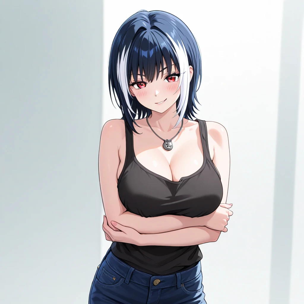 source_anime, rating_explicit, score_9, score_8_up, score_7_up, black_hair, goth, gothic, short_hair, looking at viewer, crop top, skirt, thighhighs, black clotges, goth girl, ikuchan, rape face, sinister, scheming, smirk, standing, indoors, bedroom, fancy wallpaper, solo