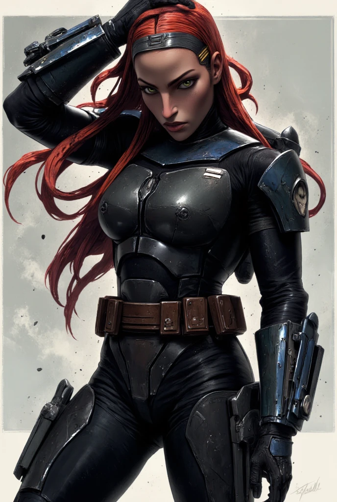 Subject: A photorealistic portrayal of Mara Jade, standing confidently in her sleek and deadly attire.
Attire: Mara Jade is wearing a tight black leather suit, tan cape, fingerless gloves, silver utility belt, gun holsters, and high-heel boots.
Type of Image: Photorealistic digital artwork capturing Mara Jade's fierce and determined presence.
Art Styles: Photorealism, showcasing intricate details of Mara Jade's costume, weapons, and her intense expression.
Camera: Shot with a medium lens to provide a balanced view of Mara Jade's figure and expression.
Shot: Full-body shot, highlighting Mara Jade is holding a purple lightsaber with a tight grip and showcases her marksmanship and poised demeanor.
Render Related Information: High-resolution render (4K) with meticulous attention to detail in Mara Jade's costume texture, weaponry, and facial features.
